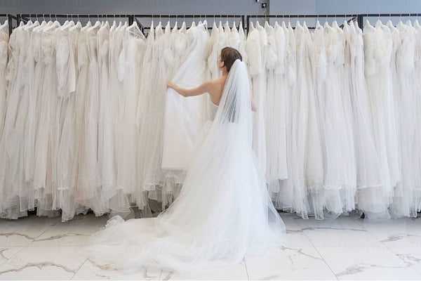 女性が複数のウェディングドレスから選んでいる後ろ姿