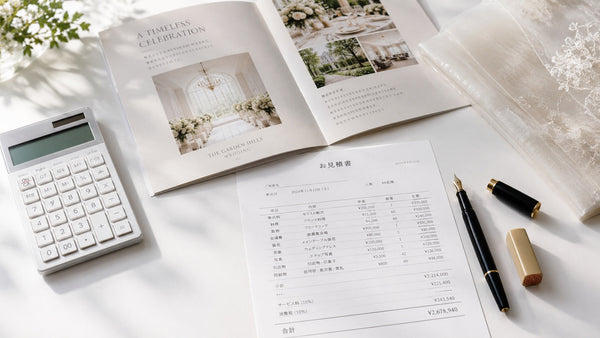 ウェディングドレスの持ち込み料に関する見積書と電卓、式場パンフレットの俯瞰