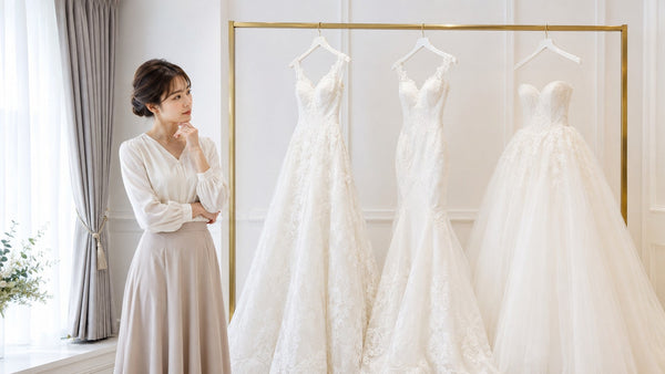 複数のウェディングドレスを前に迷いながら考える私服姿の花嫁