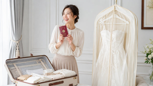 スーツケースとガーメントバッグを前に海外挙式のドレス準備をする花嫁