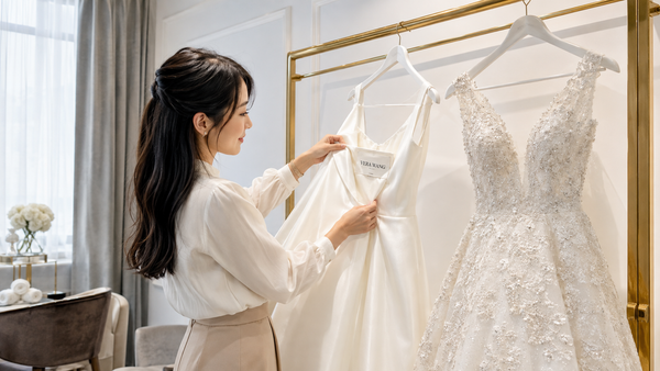 ドレスラックに並ぶ2着のガリアラハヴのネームタグを手に取って見比べる女性