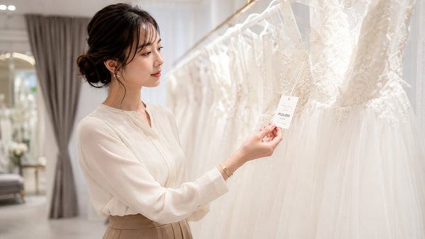 インポートドレスのプライスタグを手に取って確認する花嫁