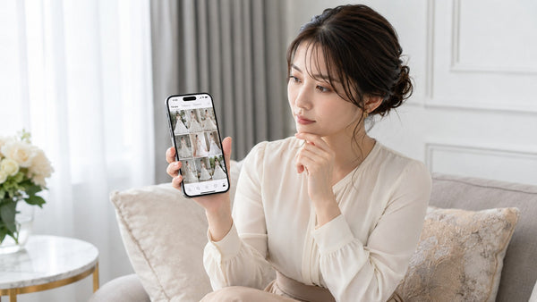 スマホでインスタのウェディングドレス投稿を眺めて購入を迷う花嫁