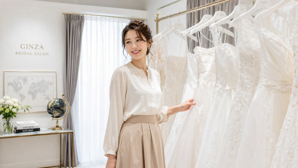 海外挙式のドレスを国内のサロンで選ぶ私服姿の花嫁