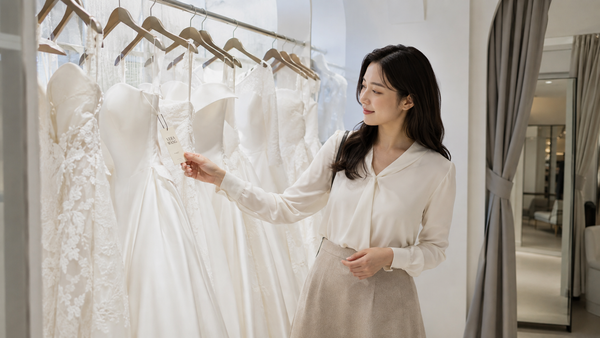 ヴェラウォンのモデル名が書かれたタグが下がる、白いドレスが並ぶラックの前に立つ女性